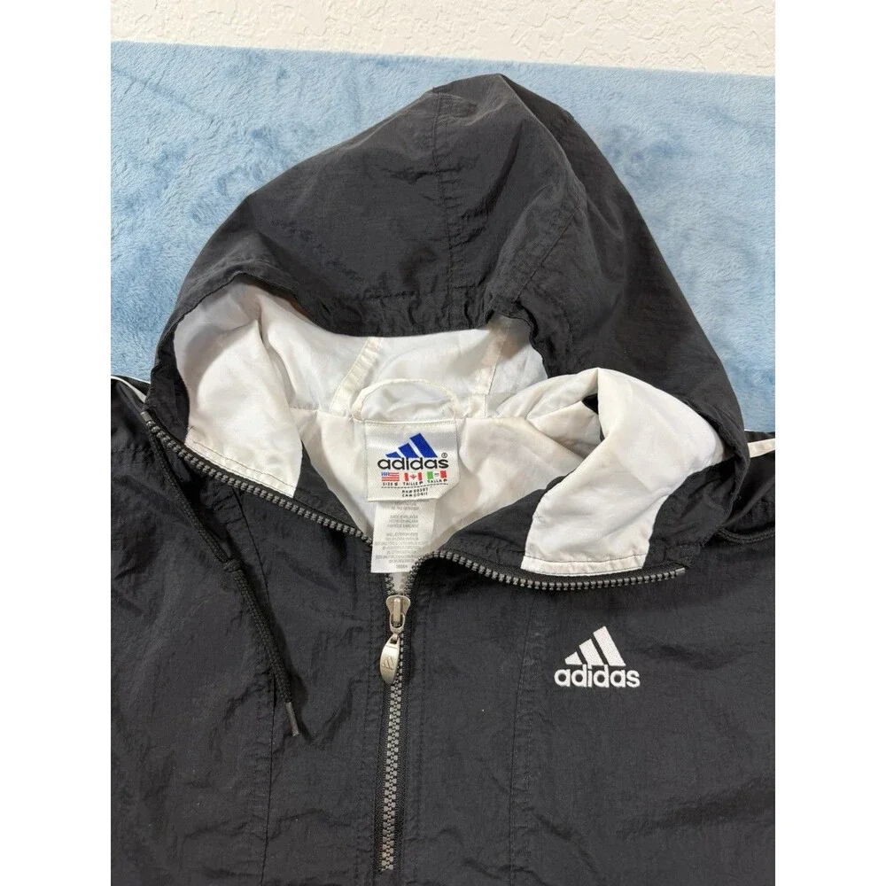 VTG 90s Adidas Windbreaker Jacket Mens S Black White Anorak Pullover Hooded XLNT